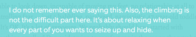 I do not remember ever saying this. Also, the climbing is not the difficult part here. It’s about relaxing when every part of you wants to seize up and hide.